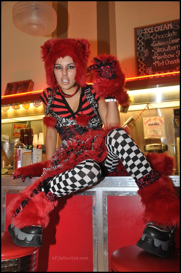 convertible red monster fur paw mittens