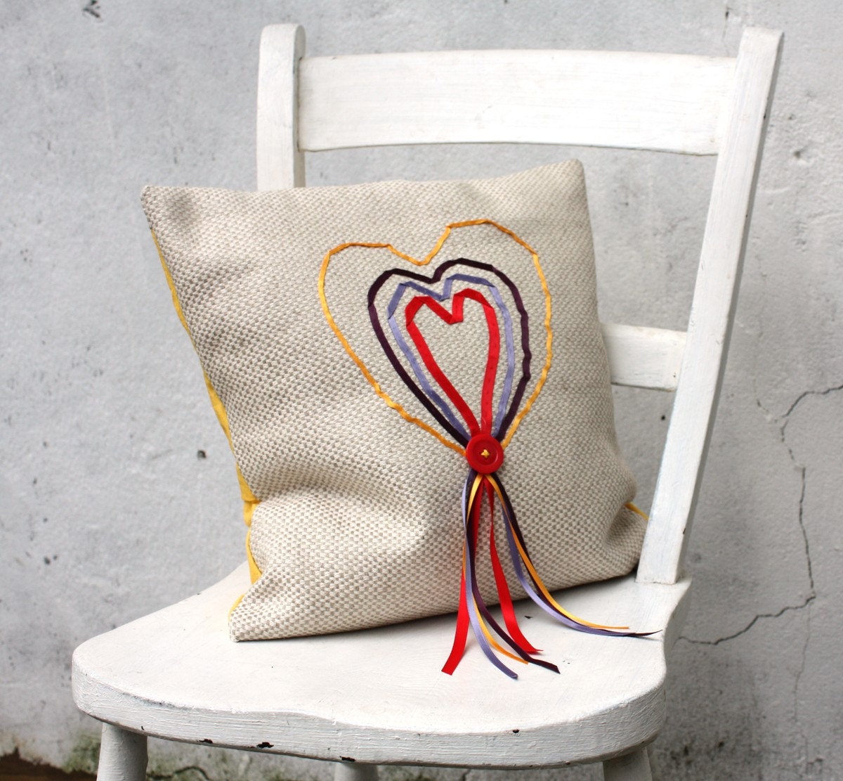 Decorative cushion embroidered hearts linen pillow red yellow purple ribbons cover memake handmade home decor