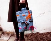 Denim tote bag cotton purse blue orange pink brown ribbons recycled eco fashion upcycled jeans memake handmade
