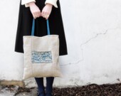 Linen tote knitted bag ecru teal blue large cotton purse knit pocket memake handmade handbag fashion - memake