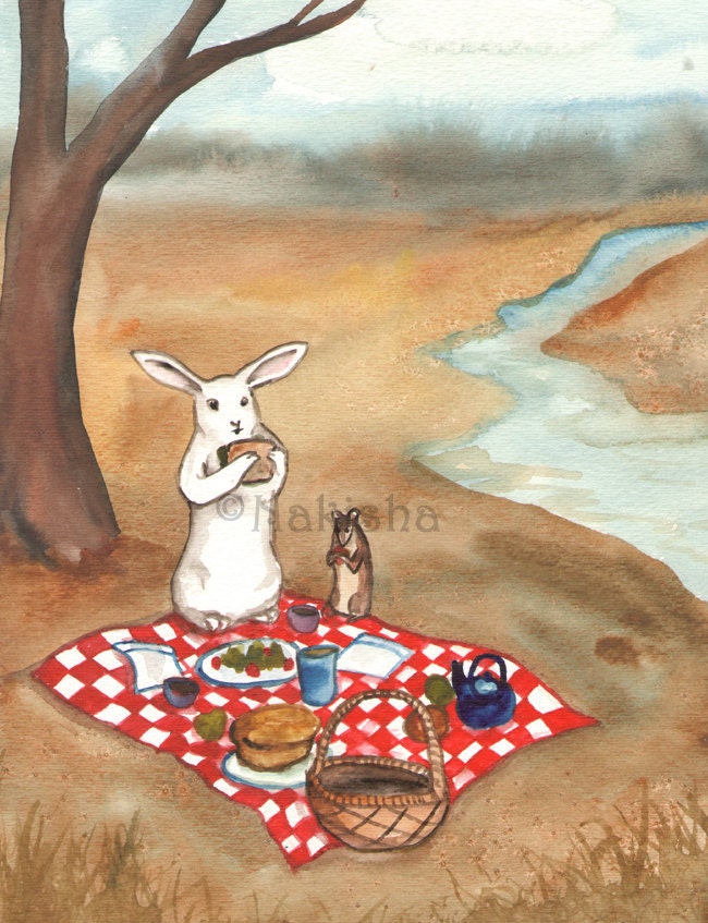 Original Watercolor Rabbit Painting - The Picnic