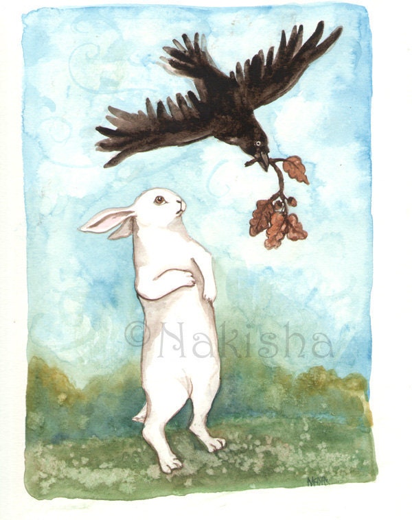 Original Watercolor Crow Painting - The Crow Brings a Branch to the Rabbit