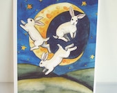 Archival Fine Art Animal Print - Moon Bunnies - Nursery or Children's room Art