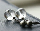 quartz earrings, oxidized sterling silver studs post, chain dangle minimalist modern
