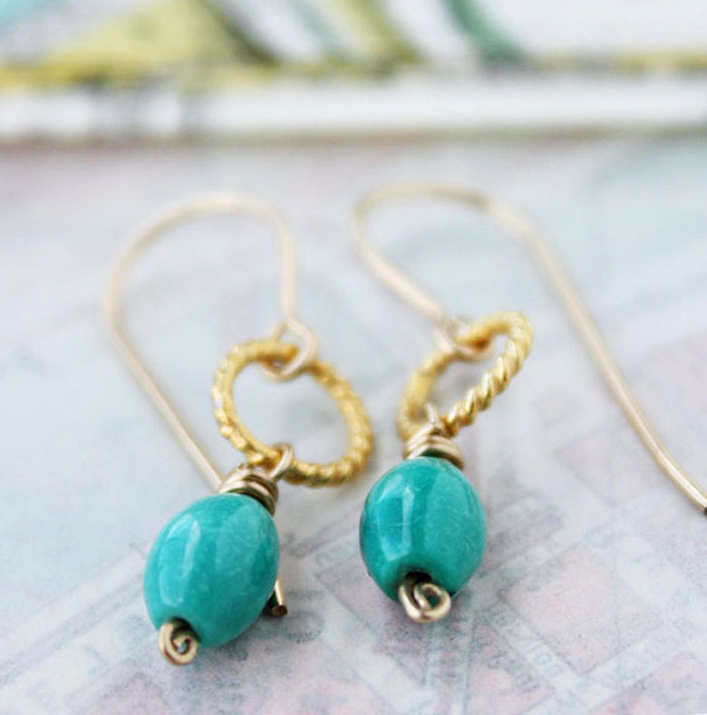 turquoise earrings, gold jewelry, light blue beach wedding, gift under 25