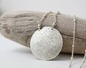 sterling silver necklace, round disc pendant, lunar moon metalwork, boho minimal