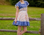 Blue and Colorful Pastel Plaid Vintage 70s 80s Square Dance Prairie Dress with ruffles and lace small sm