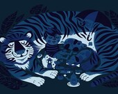 Blue Sleepy Tiger with Little Boy Screenprint Art Print - Dog Pig Buddies Tea Nighttime Silkscreen Poster - Good for Kids Rooms & Nursery