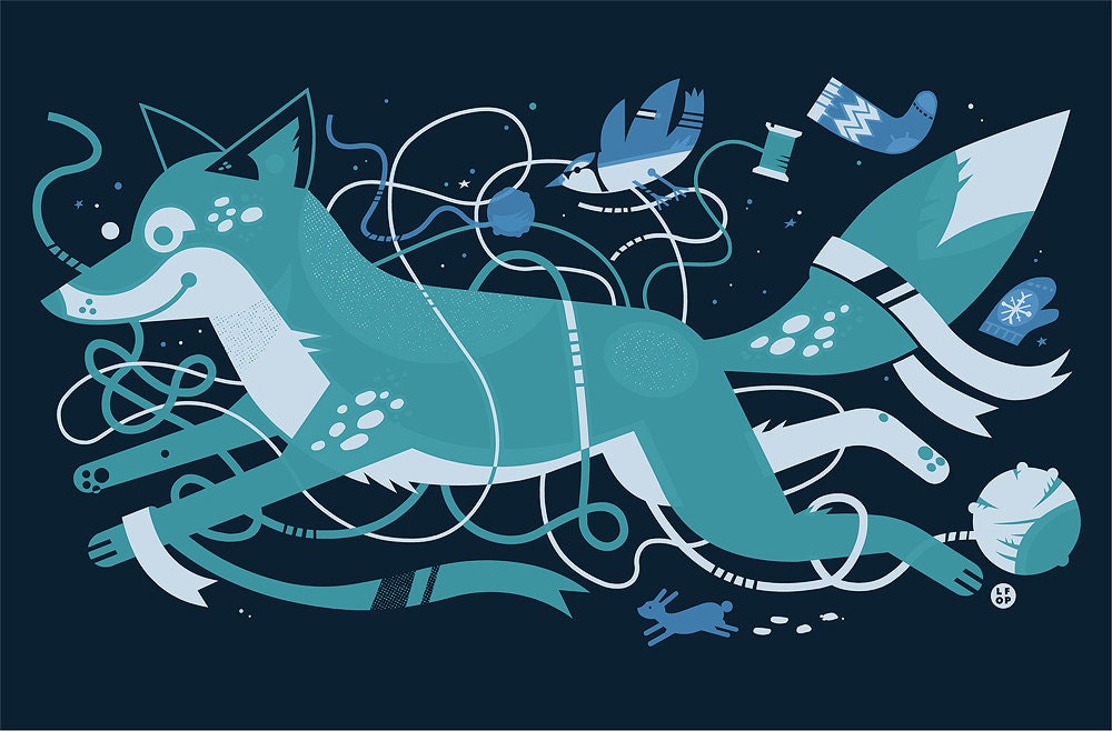 Blue Winter Fox with Bird and Rabbit Screenprint Art Print - Bunny Yarn Craft Mitten Silkscreen Poster - Good for Kids Rooms & Nursery