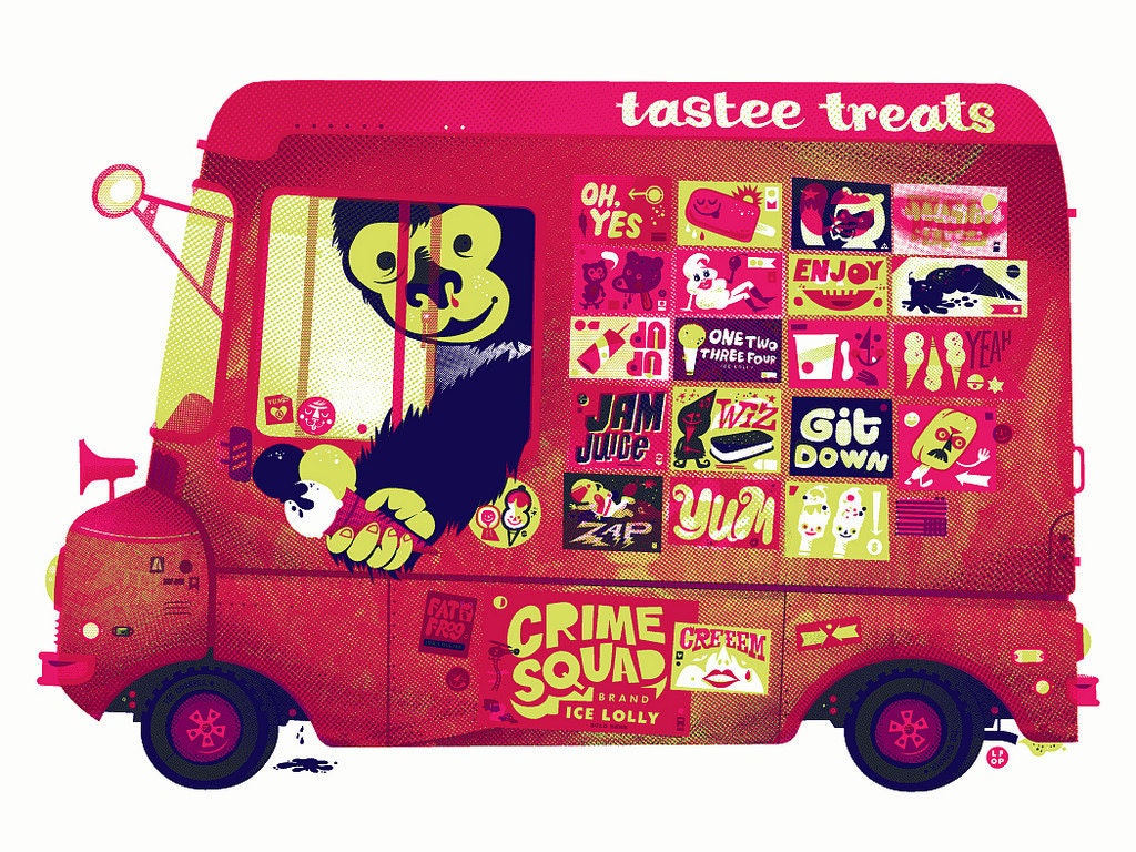 Ice Cream Truck with Gorilla Monkey Screenprint Art Print - Hand Printed Silkscreen Poster - Good for Kids Rooms & Nursery