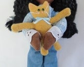 Little Girl Doll Holding A Kitty - African American Doll - Toy