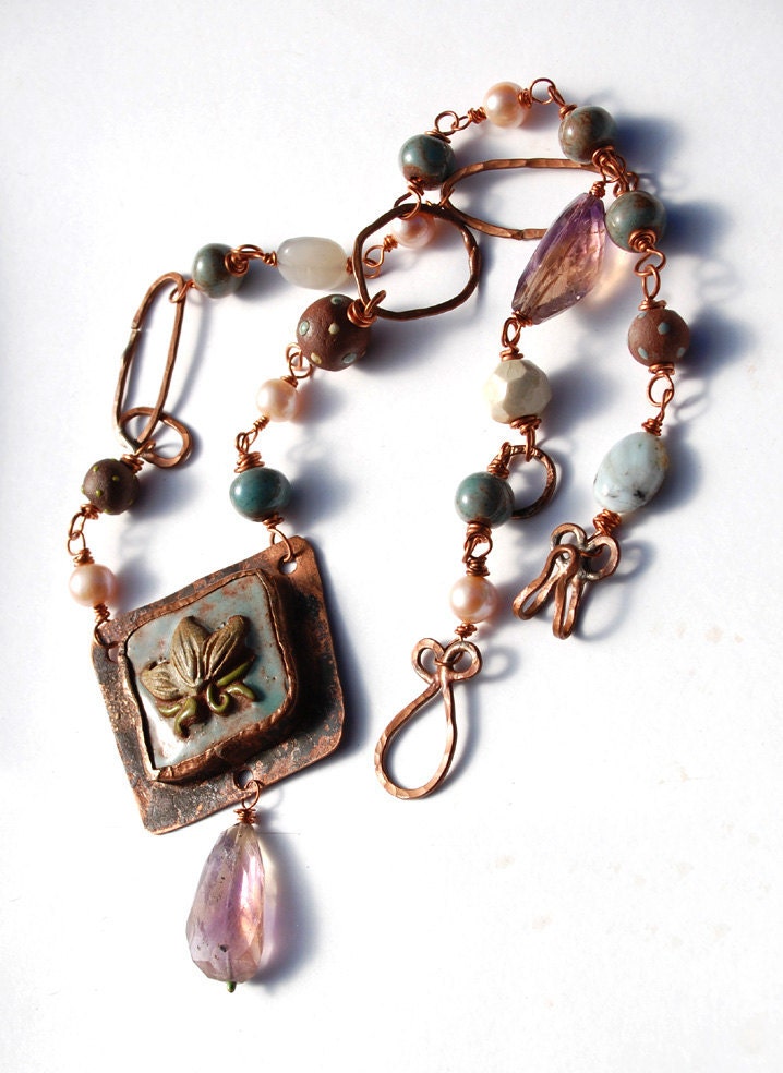 RESERVED for the lovely coffcat / Lotus Dreams / Ceramic and Copper Art Bead Lotus Necklace
