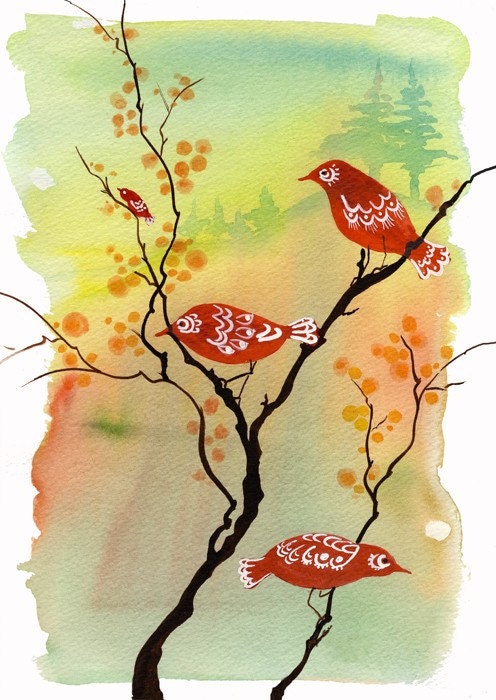 Dusk-Lit Gathering - Art Print watercolor painting office decor idea red birds flower blossoms autumn sunset matryoshka doll Oladesign 11x14