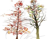 Conversation -  Art Print Christmas tree gift home interior wall decor ideas whimsical watercolor painting red green trees Oladesign 11x14