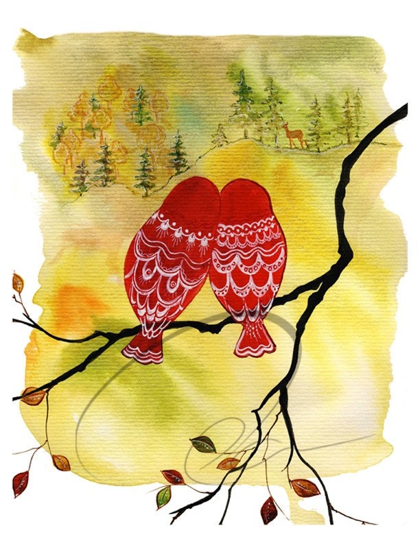 Look Deer - Art Print romantic lovebirds Valentines bedroom decor watercolor painting anniversary deer matryoshka owls lovers Oladesign 8x10