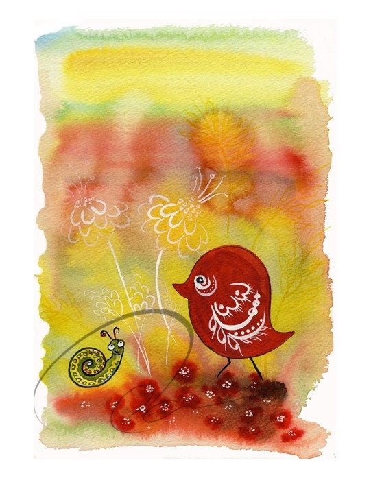 Beautiful Day - Art Print watercolor painting little childs bird small snail friends kids room girls nursery baby shower gift Oladesign 8x10