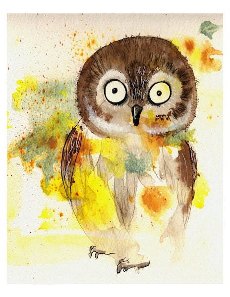 Owl - Art Print watercolor painting nursery wall hanging cute baby gift idea colorful kid's room child's décor boy girl Oladesign 8x10