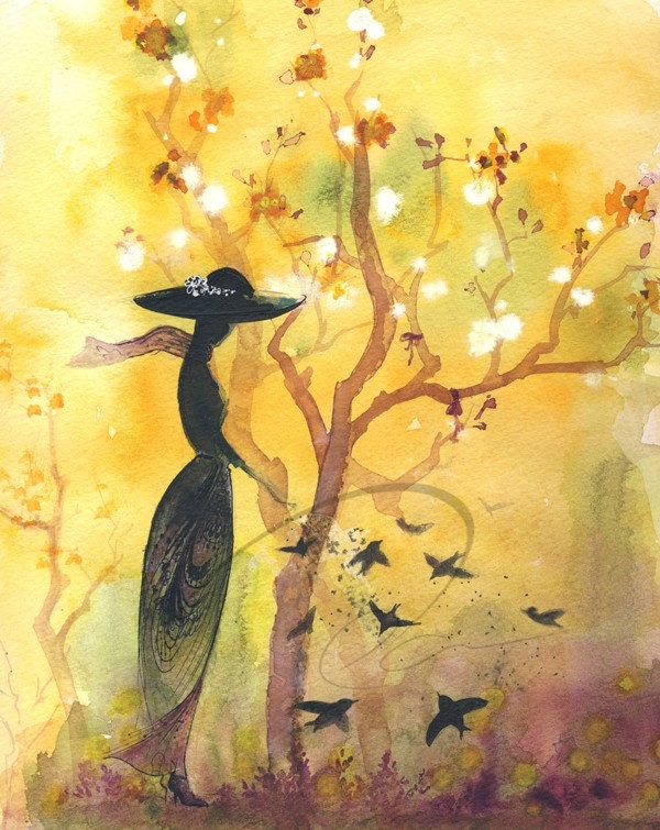 Gift of Peace - Art Print pigeons classic style dress yellow cherry blossoms wall decor silhouette hat watercolor painting Oladesign 8x10