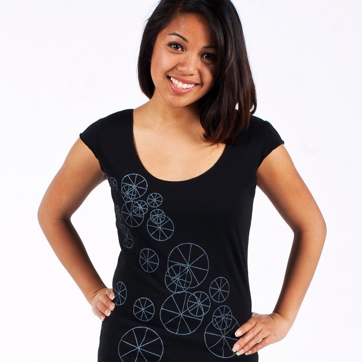 Silkscreen womens tshirt, black cap sleeve, geometric circles design, S-XL, womans top, graphic tee