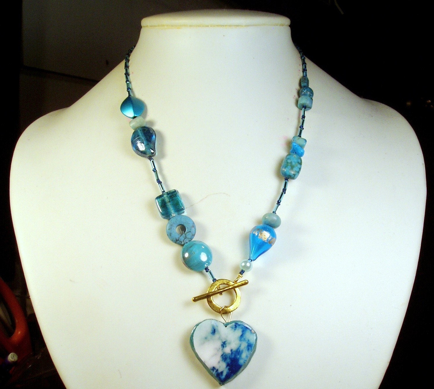 Sculptural LIGHT N SHADOW Turquoise Blue Beaded Necklace - Hammered Gold Toggle Clasp, Glass & Resin Beading and Polymer clay Photo Pendant
