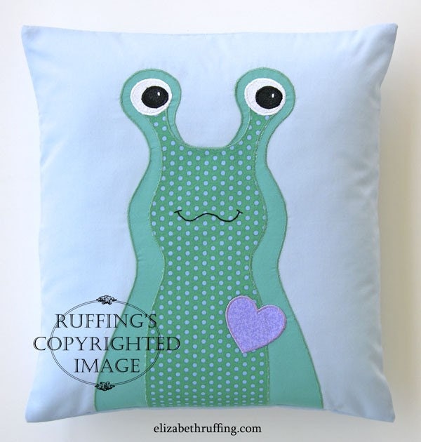Handmade Slug Decorative Accent Throw Pillow, Home Decor, Hug Me Slug, Green Polka Dots, Powder Blue, 13x14 inch, Ready-made