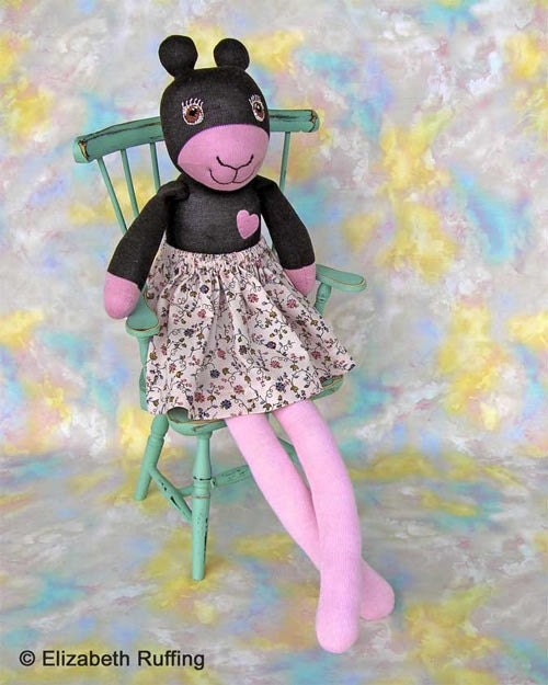 Handmade Sock Doll, Stuffed Animal Art Toy, Personalized Tag, Brown, Pink, with Skirt, 23 inch, Ready-made - elizabethruffing