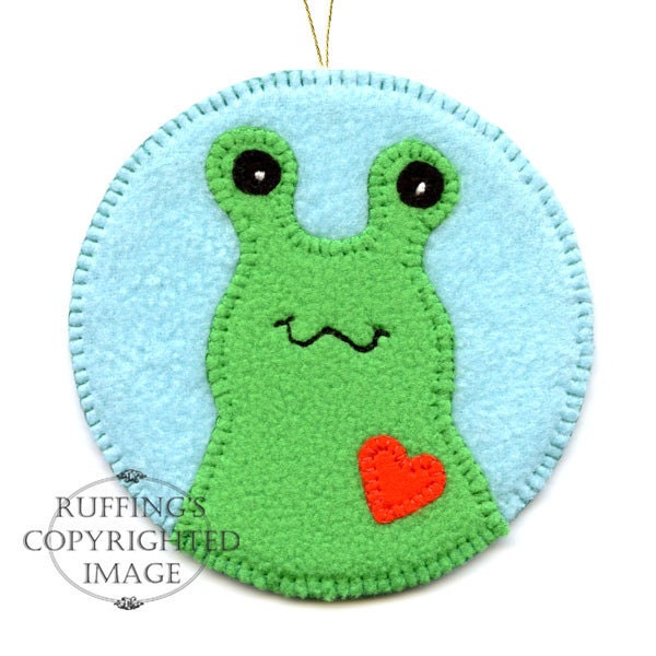 Handmade Christmas Keepsake Ornament, Original Fiber Art, Hug Me Slug, Kelly Green, Red, Light Turquoise, Ready-made