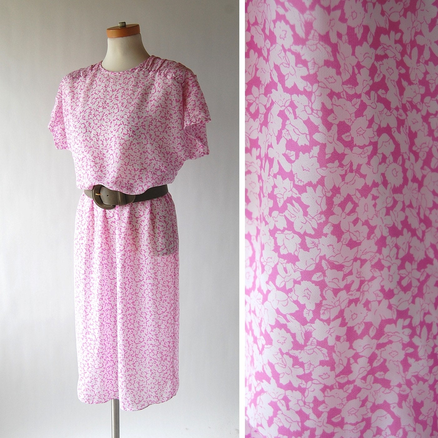vintage 80s Dress / vintage secretary dress / Lavender Pink and White Floral Print / xs s m