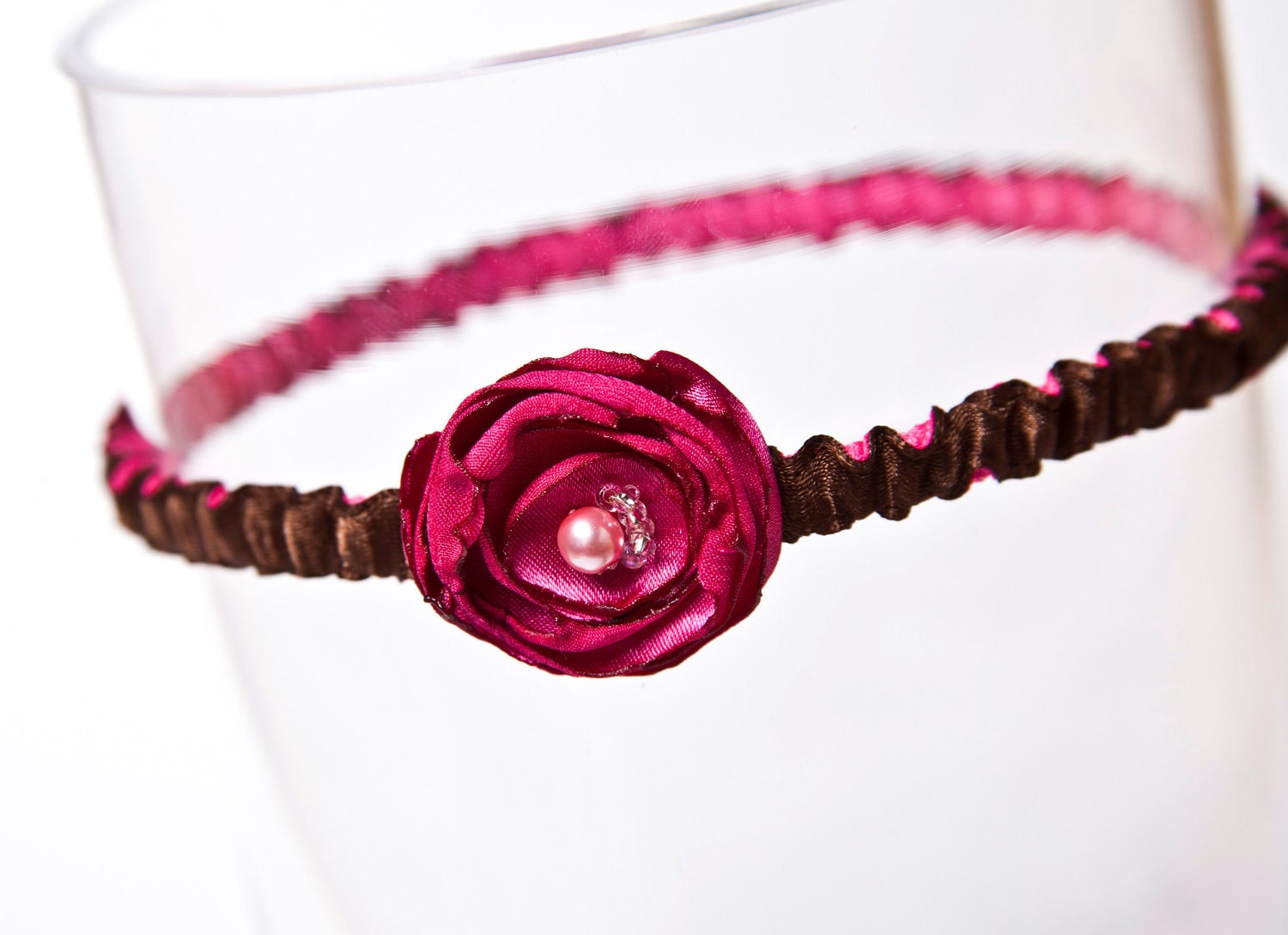 Chocolate Brown and Hot Pink Blossom Garter Wedding Garter Bridal Garter with Pearl Accent