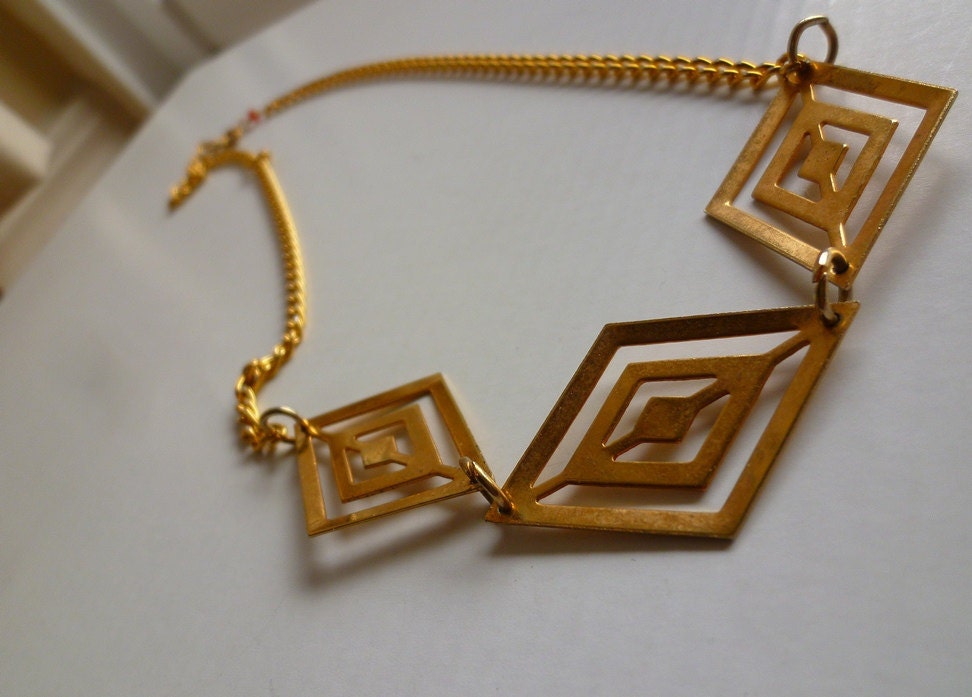 gold necklace with vintage diamond cut outs - geometric necklace - mod diamond necklace