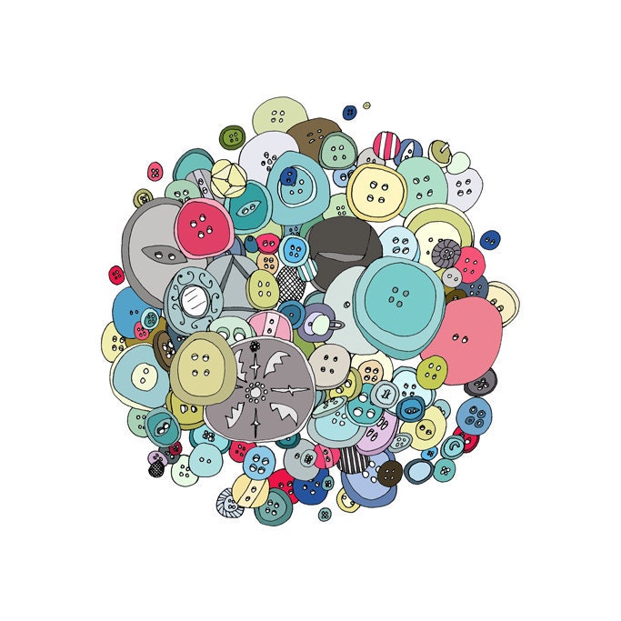 Buttons 5x5 Quirky Illustration Print