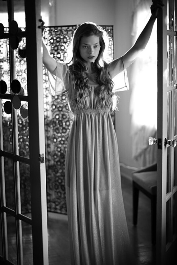 Custom Made to Order Silver Stars Sheer Floor Length Gown. Light Grey Chiffon with Metallic Thread