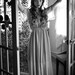 Custom Made to Order Silver Stars Sheer Floor Length Gown. Light Grey Chiffon with Metallic Thread