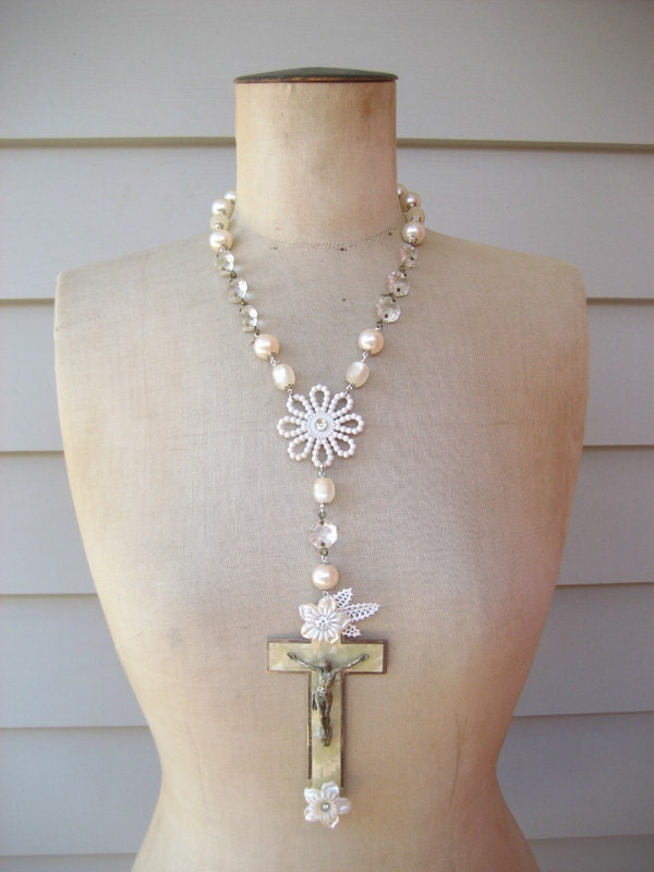 SALE Vintage Necklace, Rosary Necklace, Celluloid Necklace - Purity
