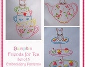 Friends for Tea - Hand Embroidery Set 3 PDF Bunny Patterns - Instant Download