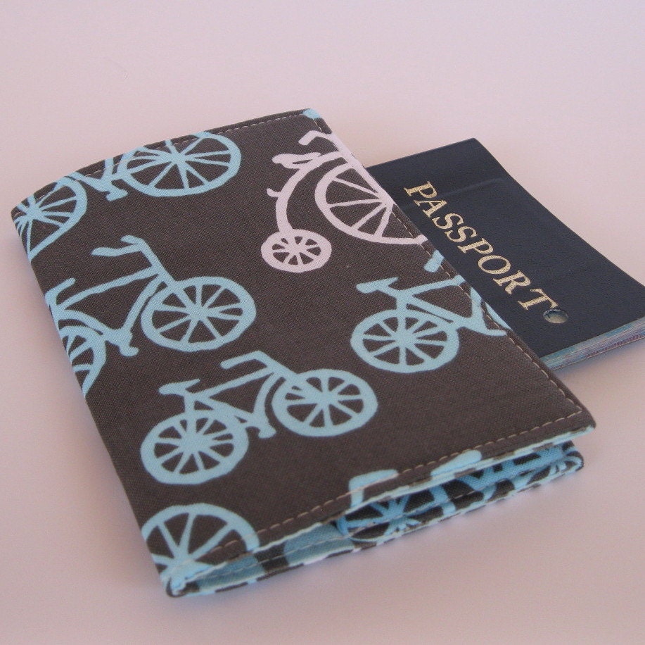 Passport Cover Case - Spa Blue and White Bicycles - Bikes on Slate Gray