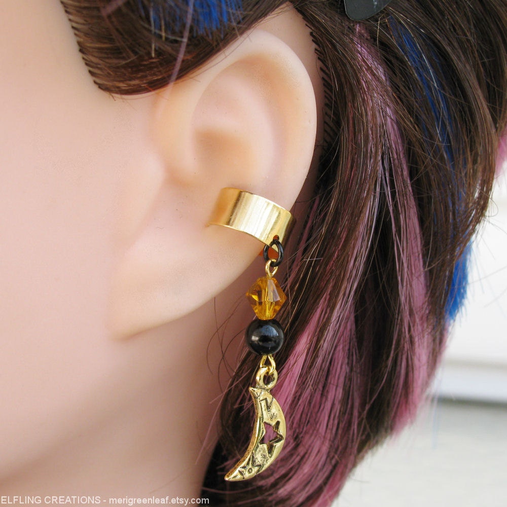 Black and Gold Moon Ear Cuff Earring