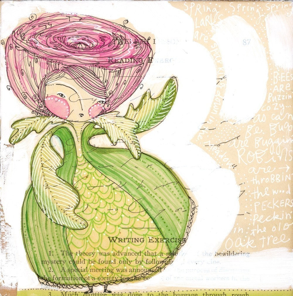 watercolor painting of a pink and green flower girl - 8 x 8 limited archival print by cori dantini