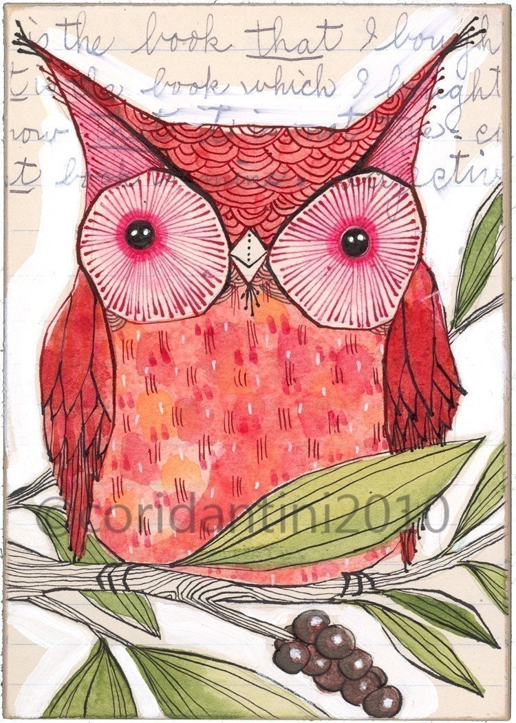 whimsical watercolor folk painting of a red owl - illustration - limited edition and archival print - 5 x 7 inches - by cori dantini