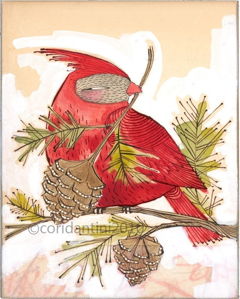 whimsical red watercolor painting of a cardinal - ink - drawing - animal art - archival - limited edition print...JOY... holiday art, 5x7