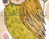owl illustration - watercolor painting- yellow - green - red - 5 x 10 - limited edition archival print by cori dantini