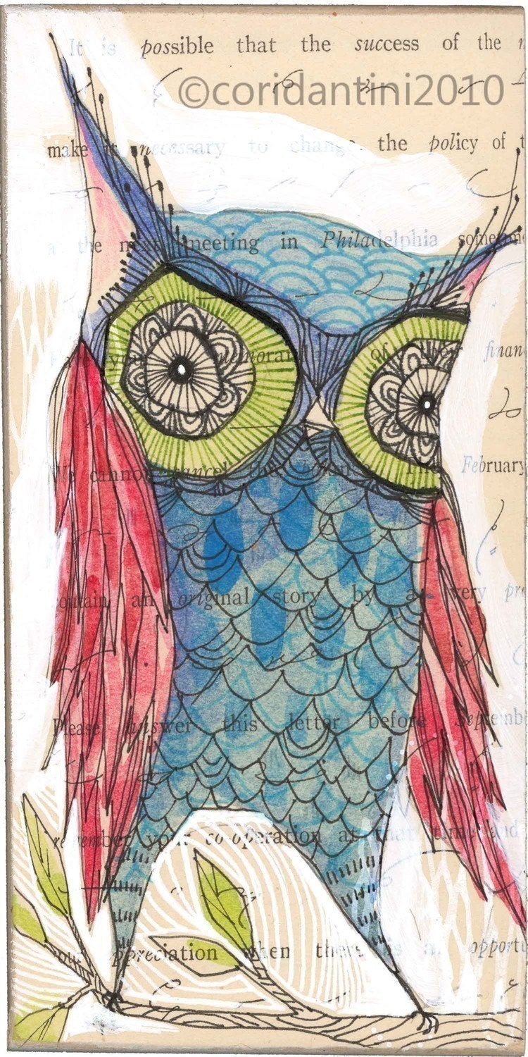 whimsical watercolor folk painting of a blue owl print - perdita -5 x 10 inches - limited edition and Archival by cori dantini