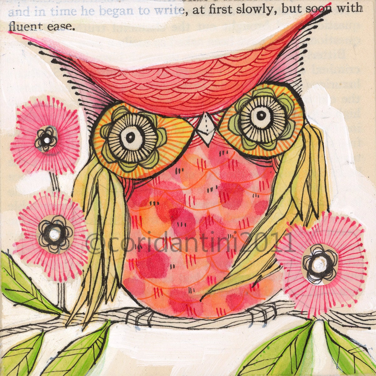 red owl painting - watercolor - print - limited edition and archival print, 8 x 8 inches by cori dantini