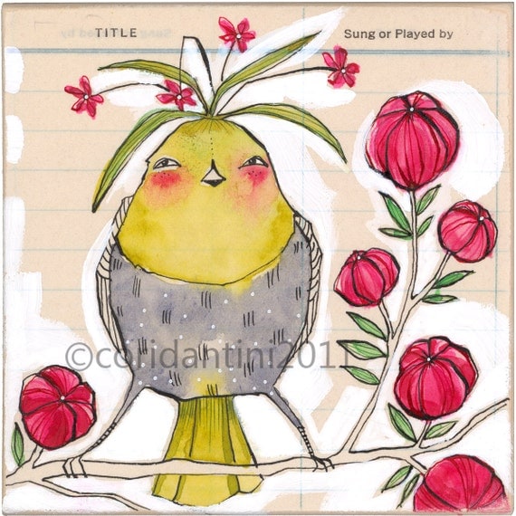 bird on a branch watercolor painting - 8 x 8 inch print - archival - limited edition - by cori dantini