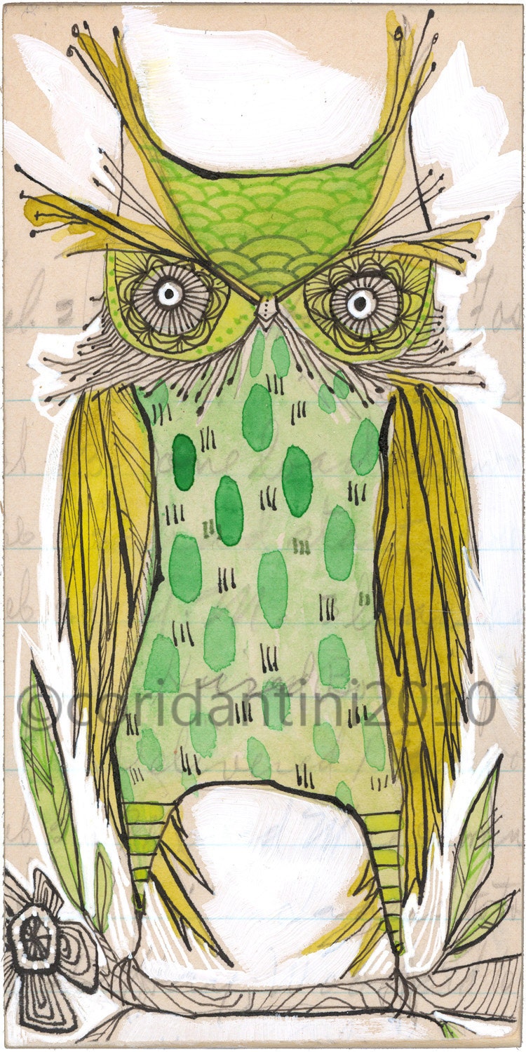 green owl - watercolor painting -  limited edition and archival print by cori dantini