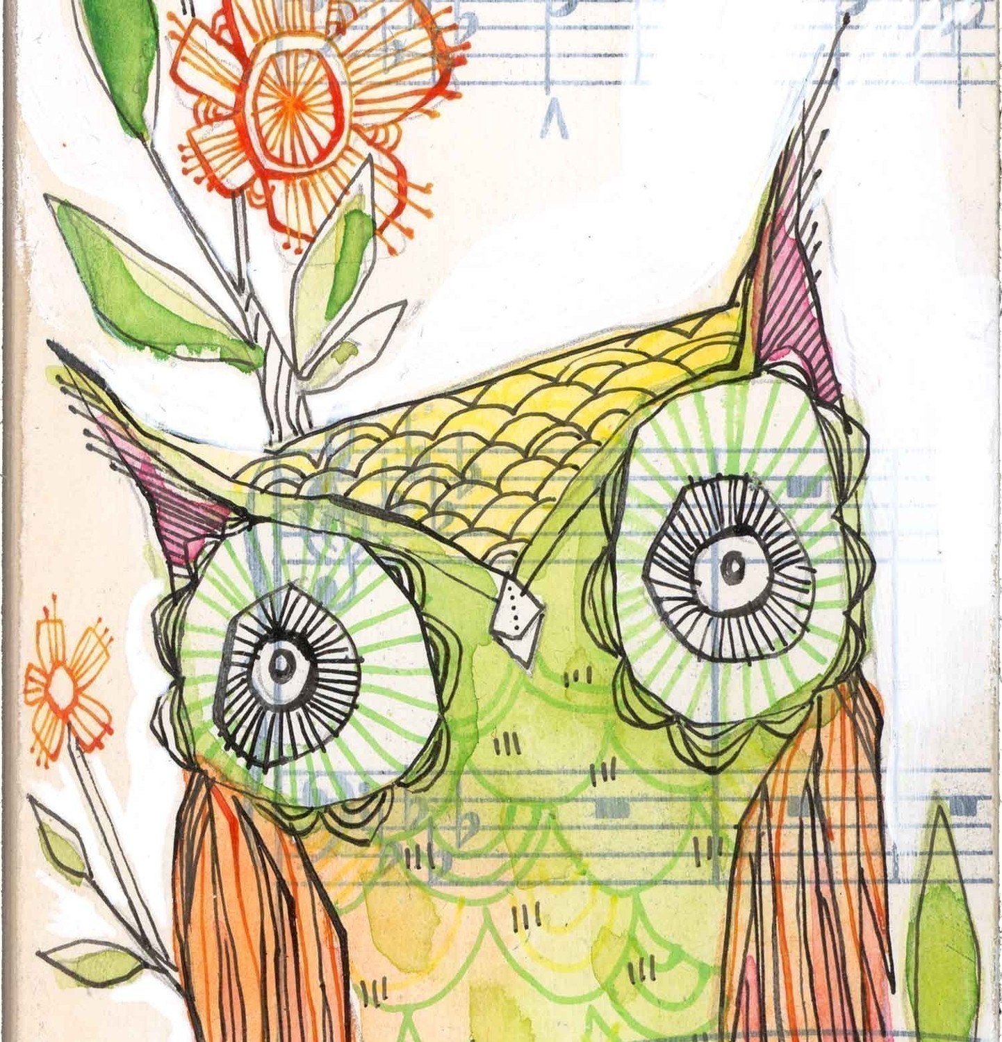 green owl - watercolor painting - bird art - limited edition and archival print-  5 x 10 inches - by cori dantini