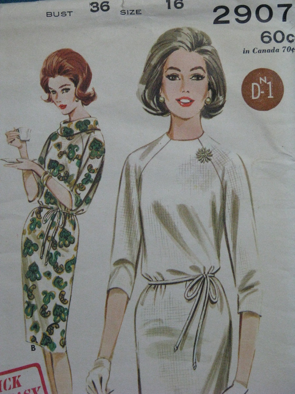 Butterick 2907, easy shift dress with cowl collar and raglan sleeves, early 1960s