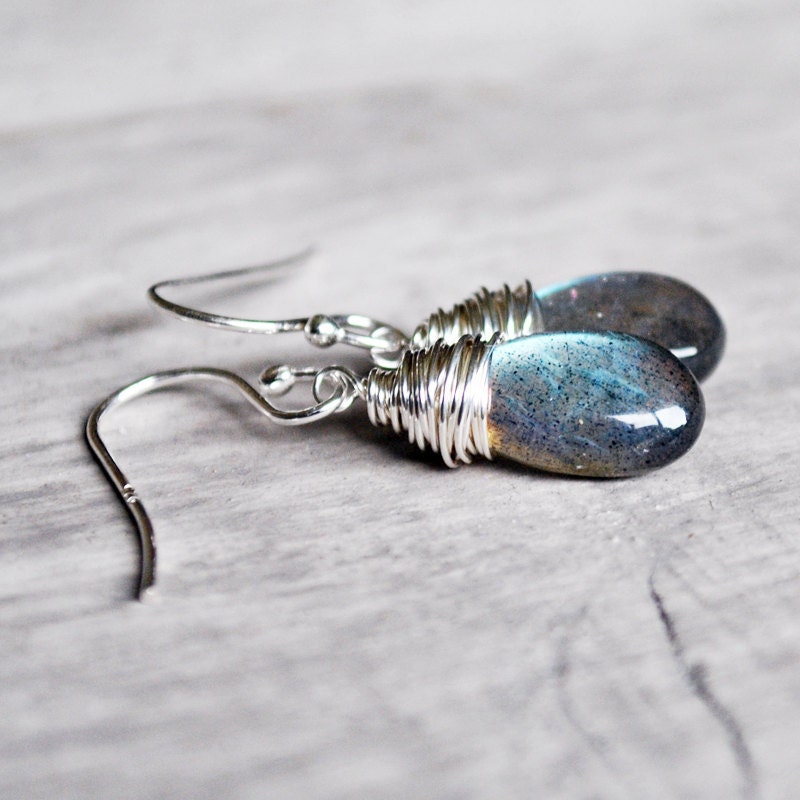 Labradorite Silver Earrings Sterling Gemstones Wire Wrapped