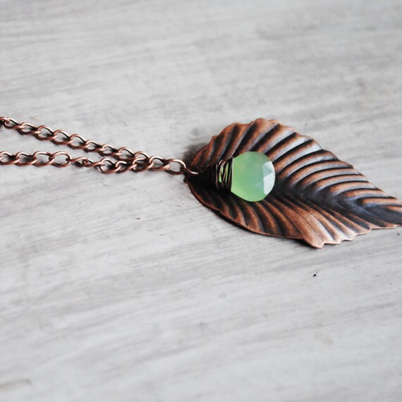 Green Leaf Necklace Antiqued Copper Gemstone Chalcedony