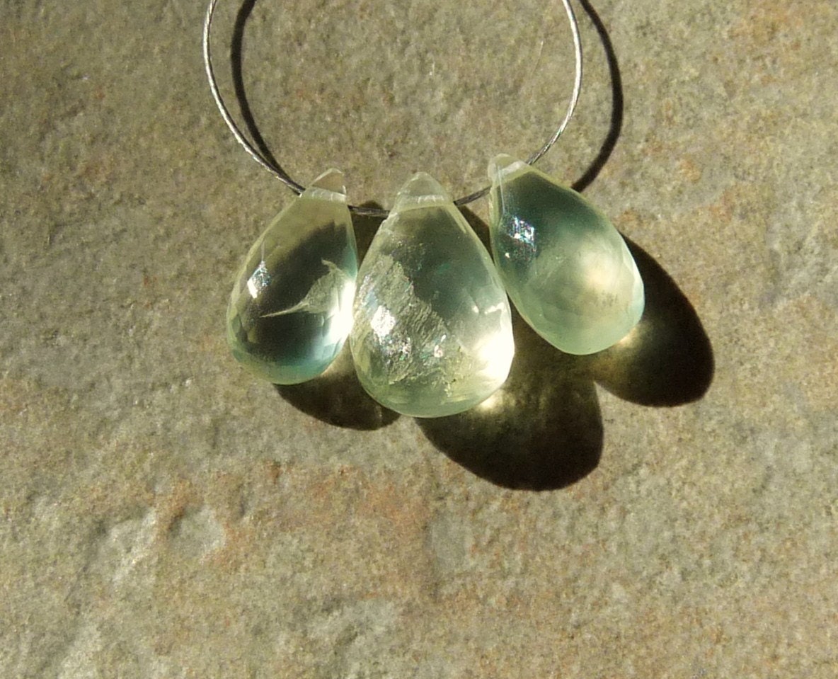 AA Prehnite Faceted Pear Briolette  - 11-13mm - Trio